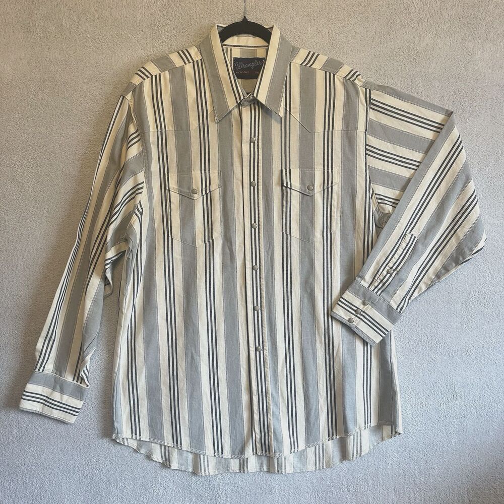 Vtg Wrangler Brushpopper Mens Shirt Western Striped Pearl Snap 17.5-35 Long Tail